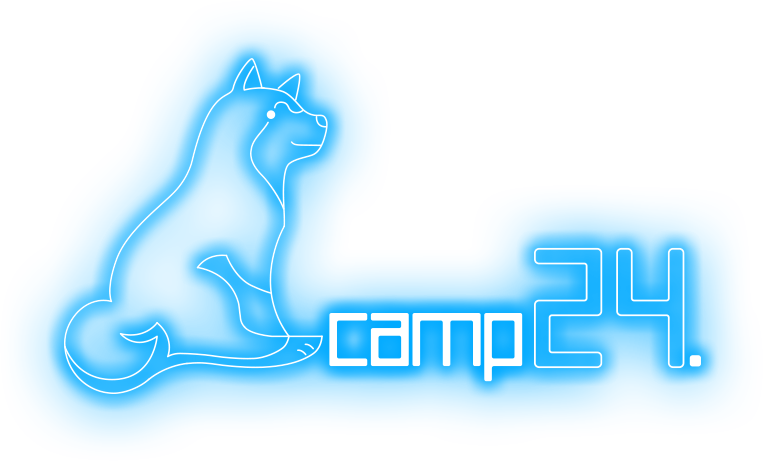 The 'camp24' logo is a blue glowing logo with a dog motif.
